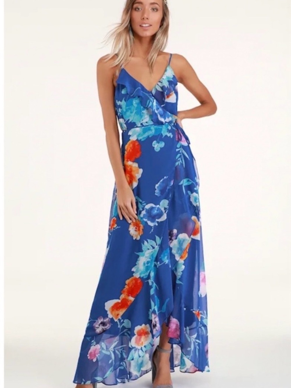 Lulu's Royal Blue Floral Maxi Wrap Dress